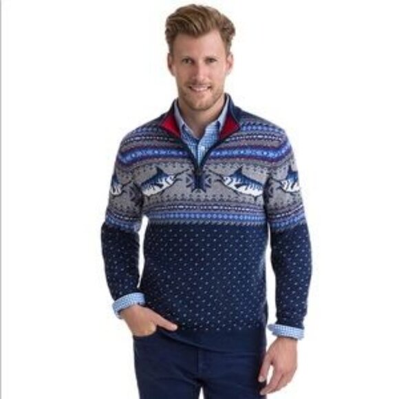 Vineyard Vines® Sweater Marlin Pattern Quarter Zip Boys XL 18 / Men's Small - Picture 1 of 13